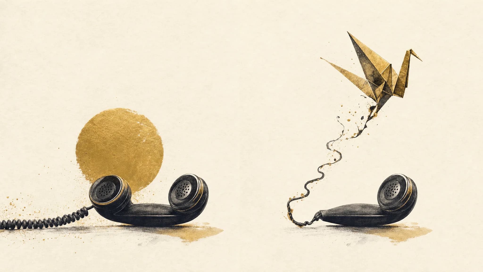 Two vintage telephone receivers connected by a paper crane on a cream and gold editorial background