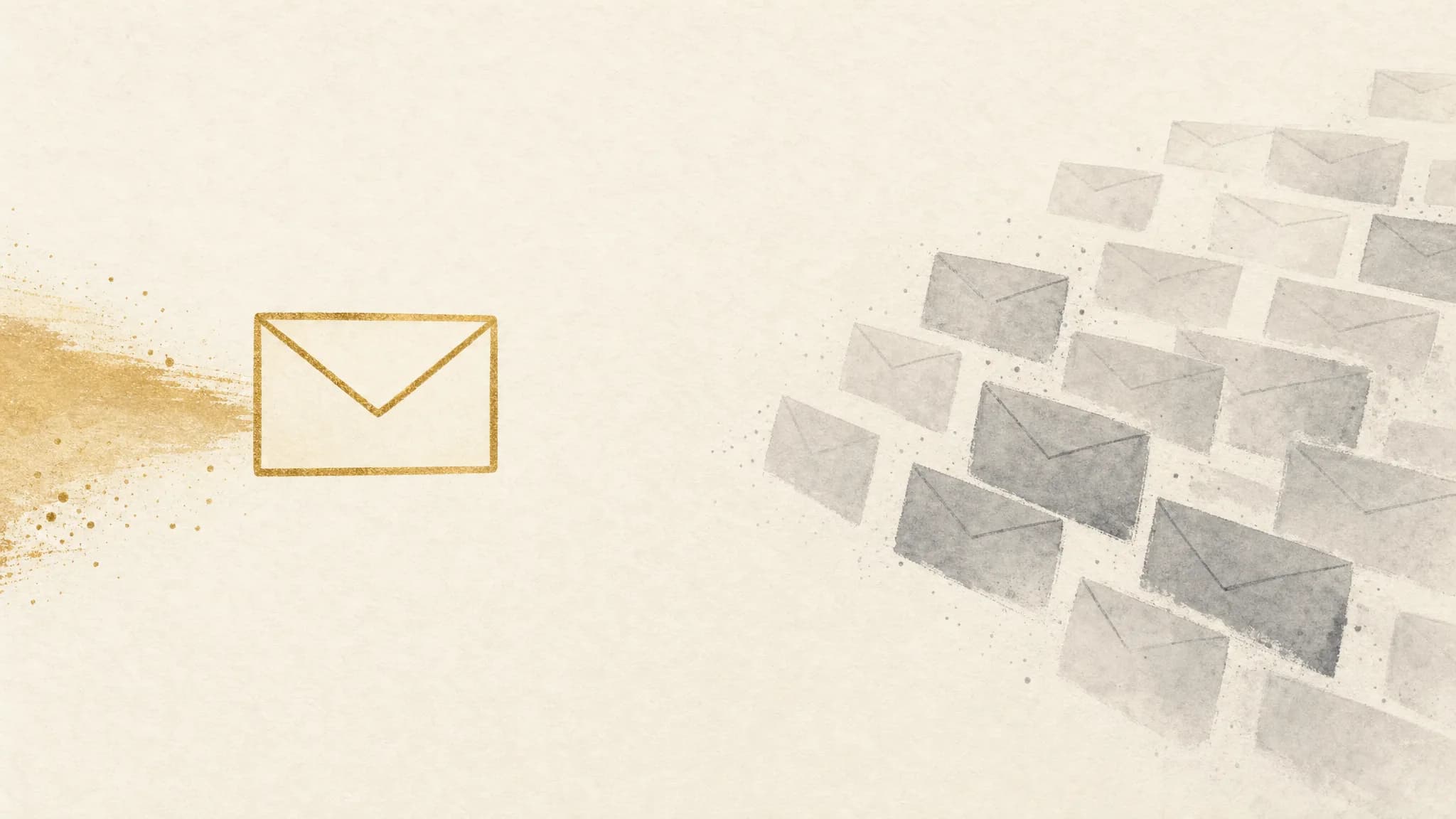 A single gold-outlined envelope breaking away on its own path from a dense formation of identical grey envelopes — a metaphor for one relevant, personal message standing apart from a mass blast.