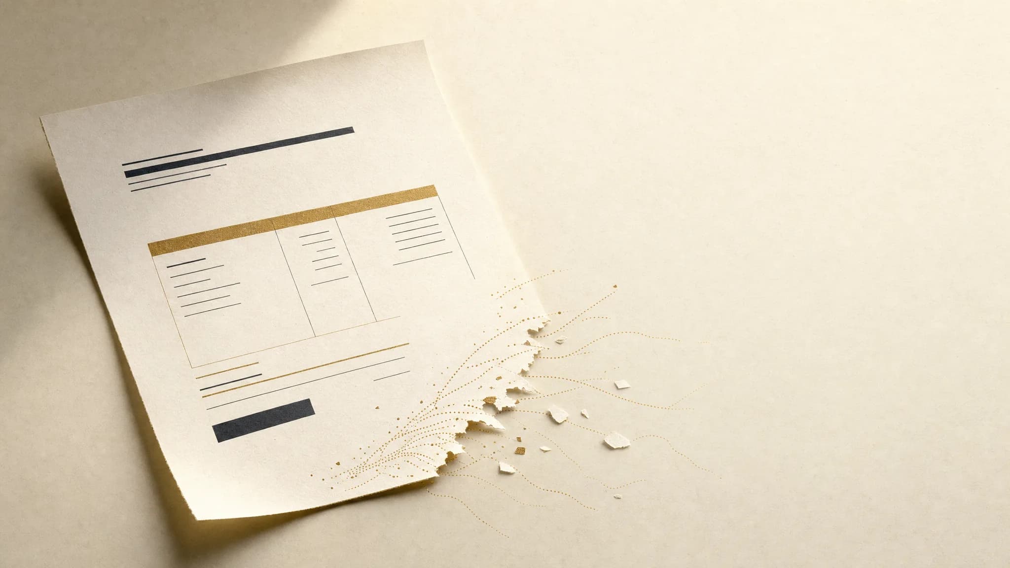 A torn quotation document with fine gold follow-up paths spreading across a warm paper surface