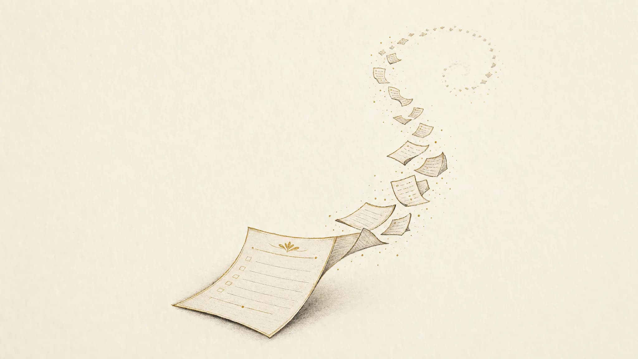 A single paper enquiry slip on cream paper unfurling into a spiral of smaller notes trailing upward in gold ink — a metaphor for one enquiry becoming an automatic sequence of follow-ups.