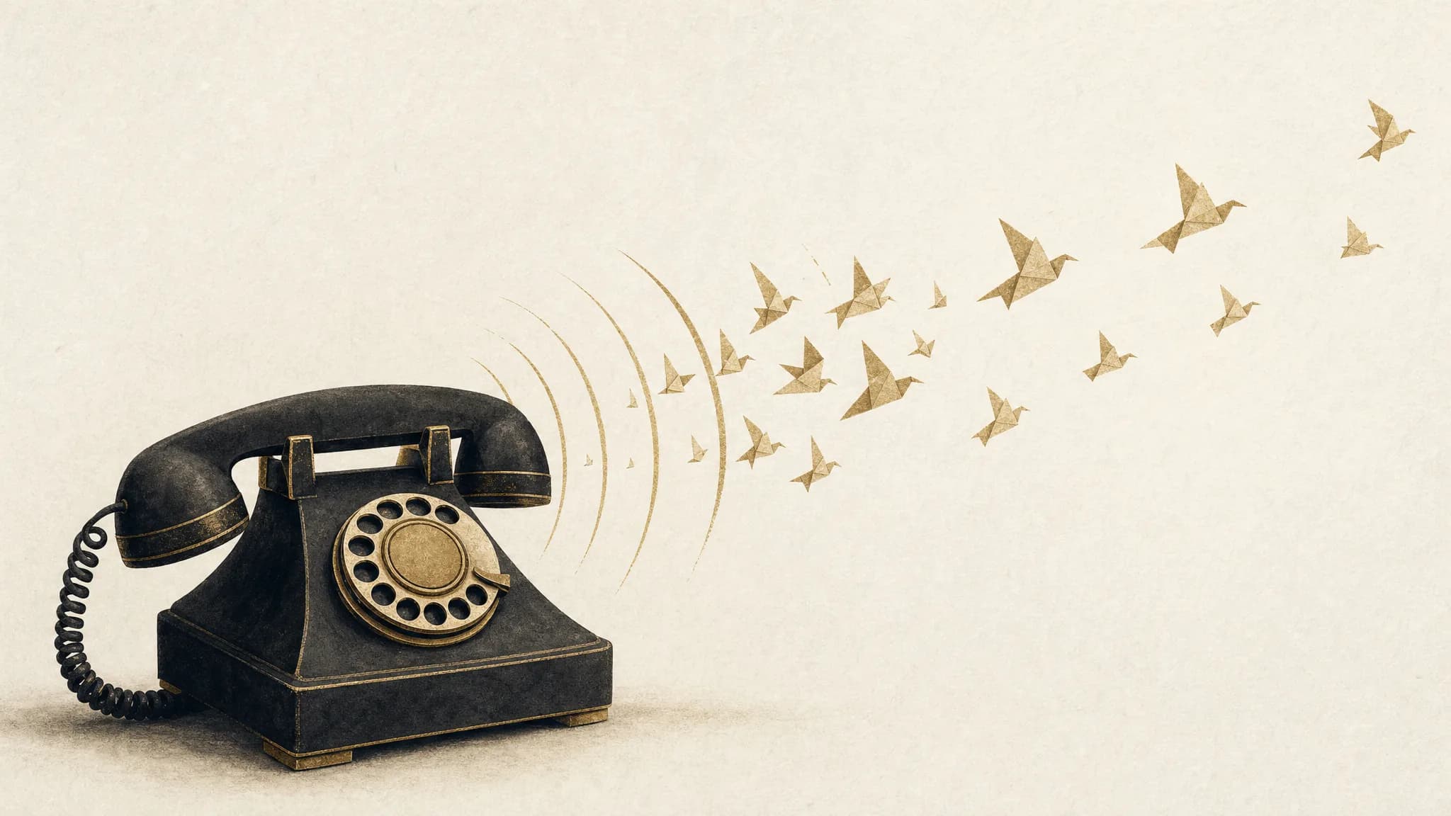 A vintage desk telephone whose gold ring-waves dissolve into paper cranes flying away — a metaphor for customer calls slipping past a busy business.