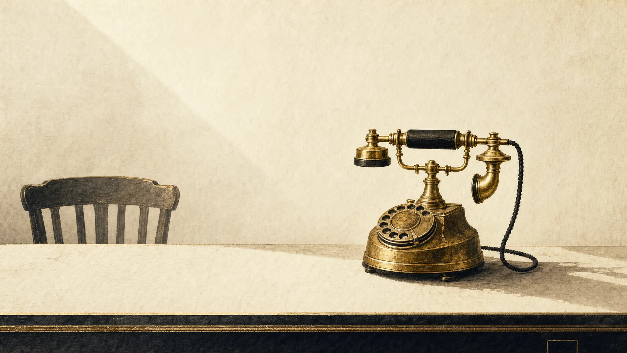 A single antique desk telephone on cream paper with a warm gold light falling across it, an empty chair beside it — representing a receptionist's desk with nobody physically sitting there, standing in for a virtual receptionist.