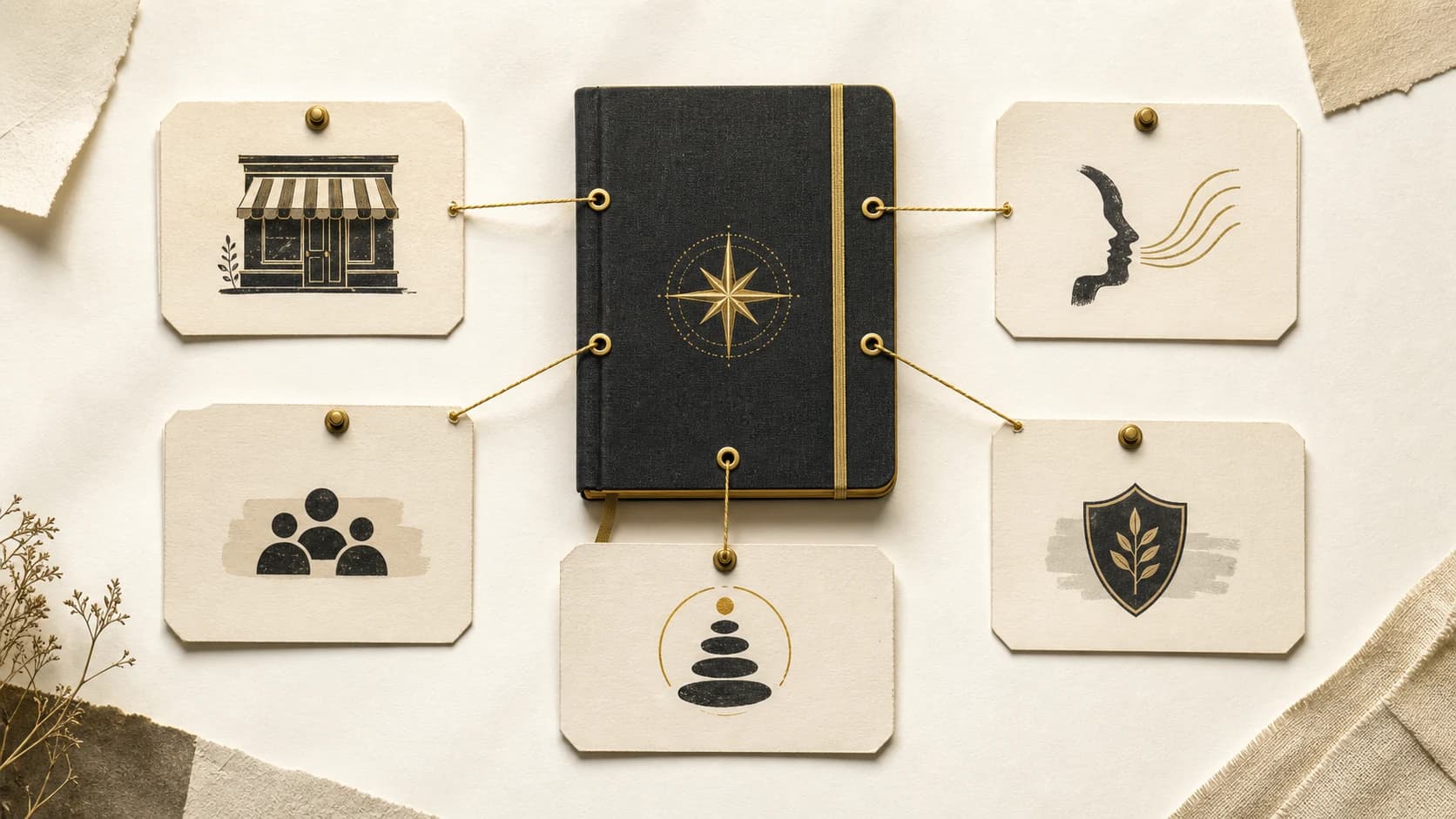 A black notebook connected to five business context cards by fine gold thread