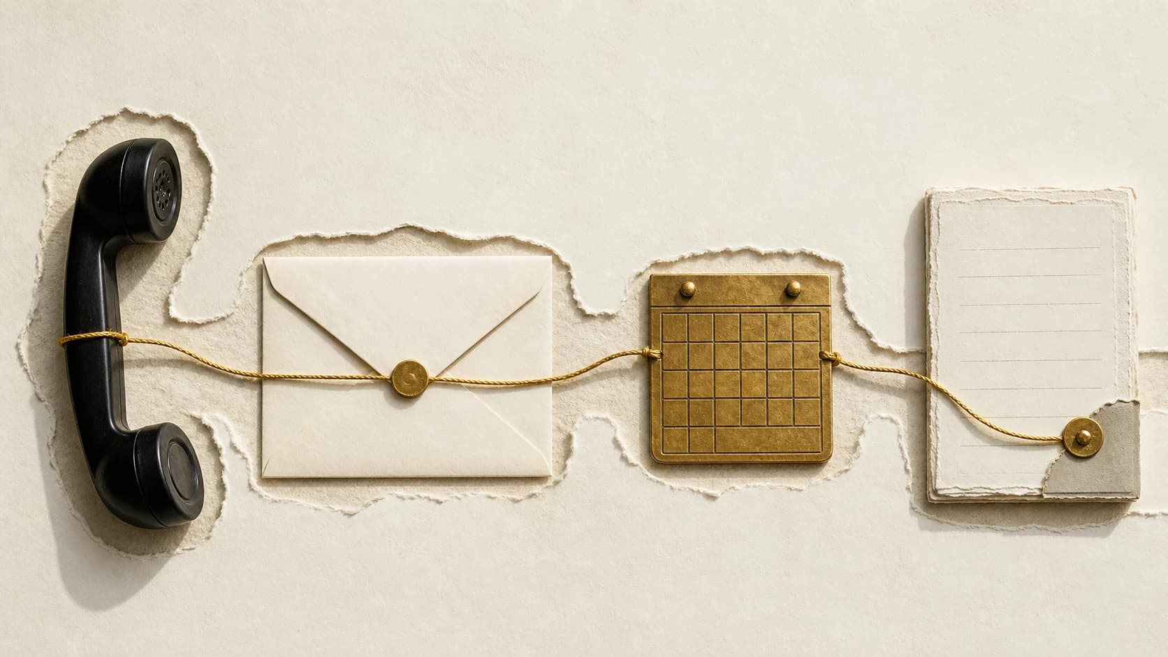 A telephone, envelope, brass calendar and paper record connected by a continuous gold thread