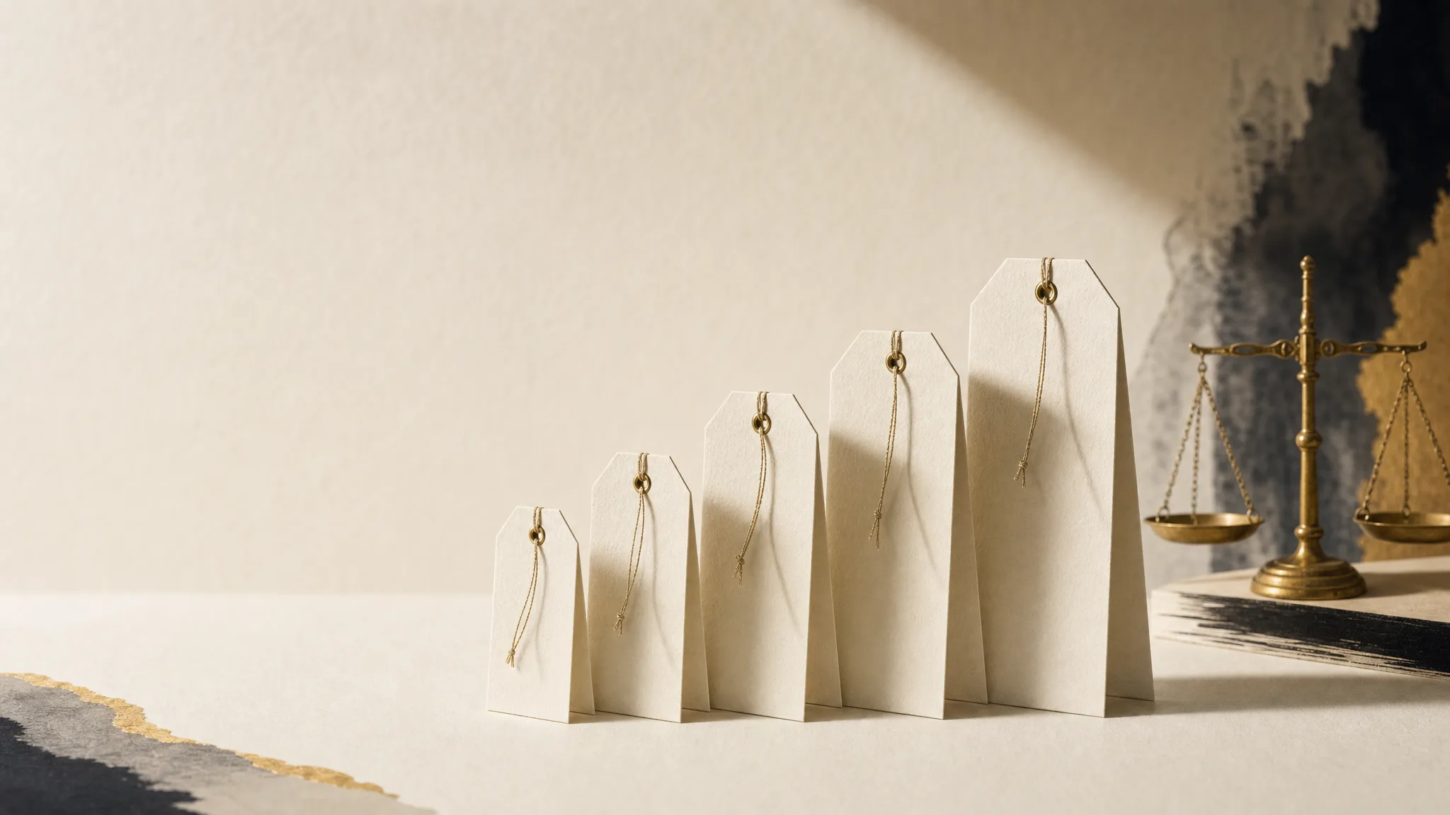 Five blank paper price tags of increasing size arranged in a rising row on a cream surface, with a small pair of antique brass balance scales beside them