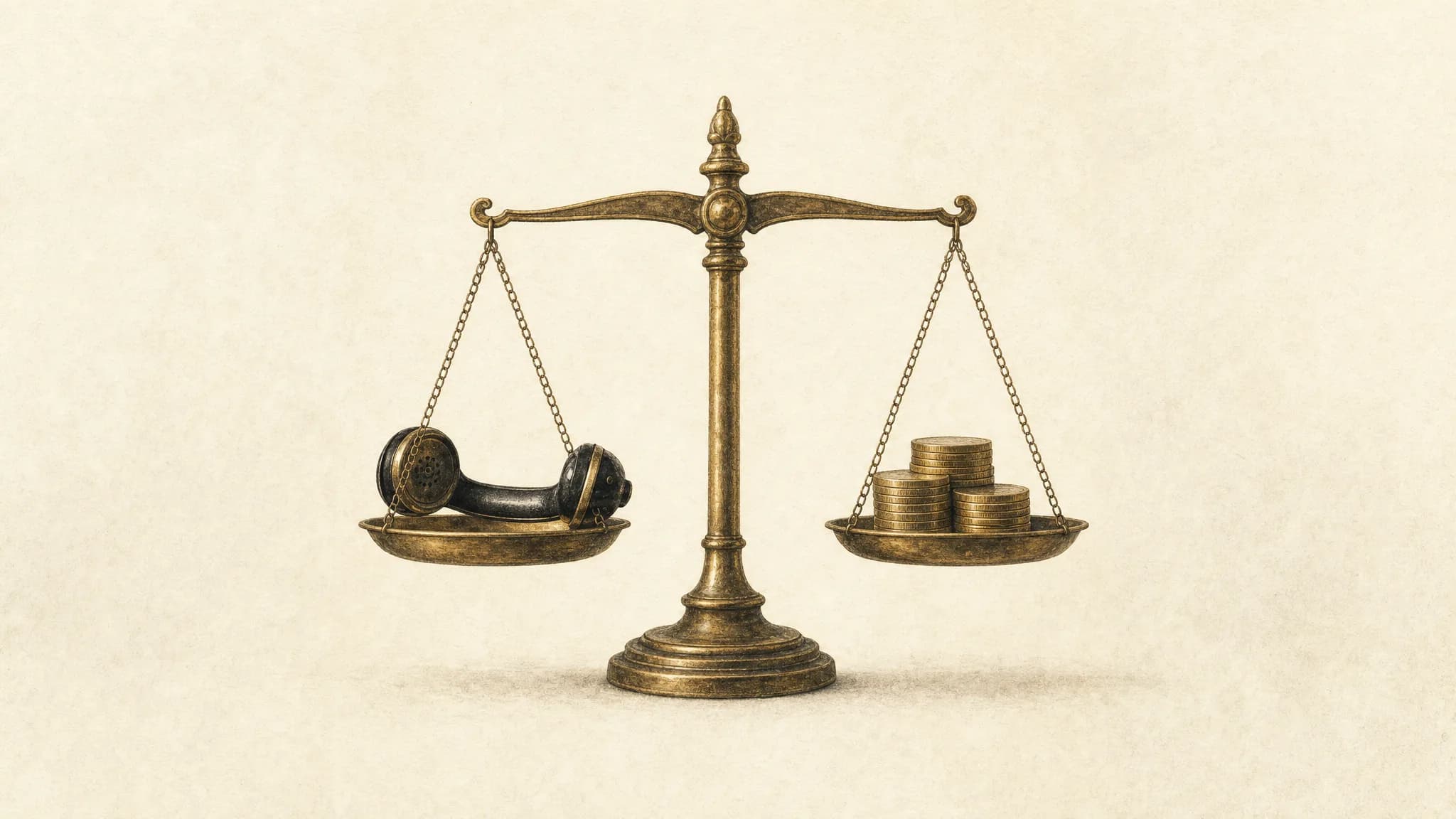 An antique brass balance scale on cream paper, a vintage telephone receiver on one pan and a small stack of coins on the other, evenly weighted — a metaphor for weighing whether an AI phone agent pays for itself.