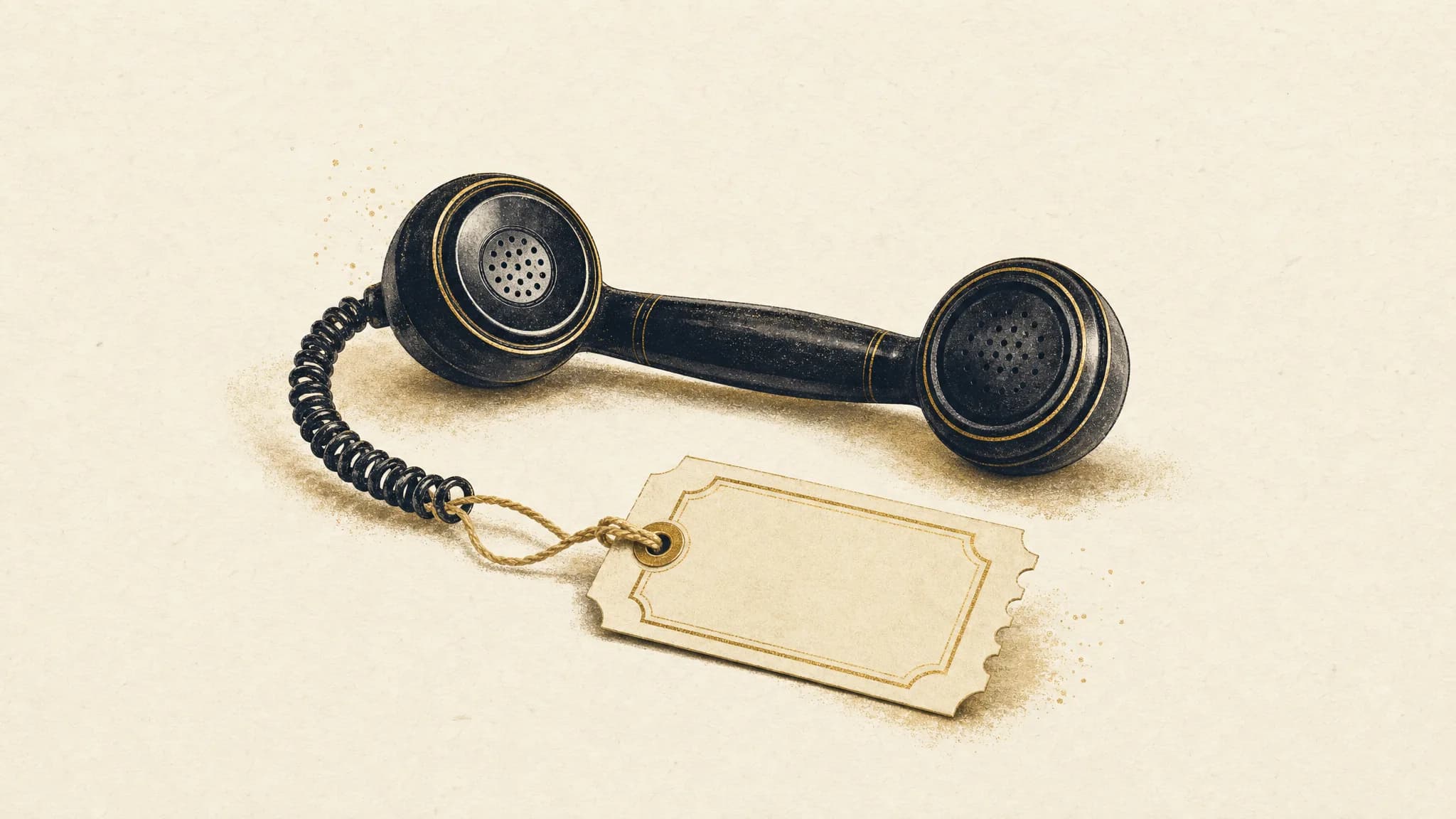 A vintage telephone receiver on cream paper with a paper price tag unfurling from its cord like a ticket, rendered in warm editorial illustration style with antique gold accents.