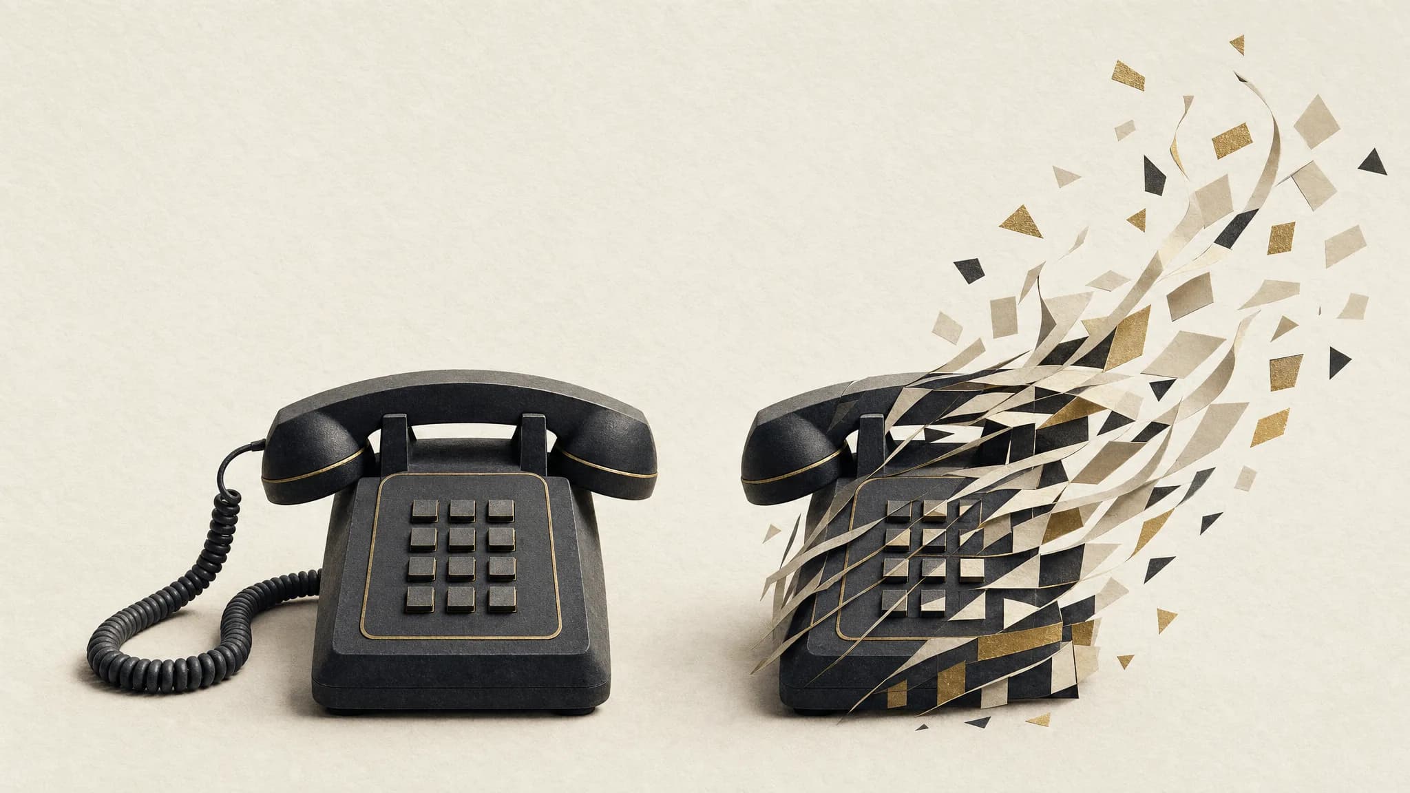 Two overlapping desk telephones rendered in warm cream and antique gold, one solid and one dissolving into paper, representing the choice between a human receptionist and an AI receptionist.