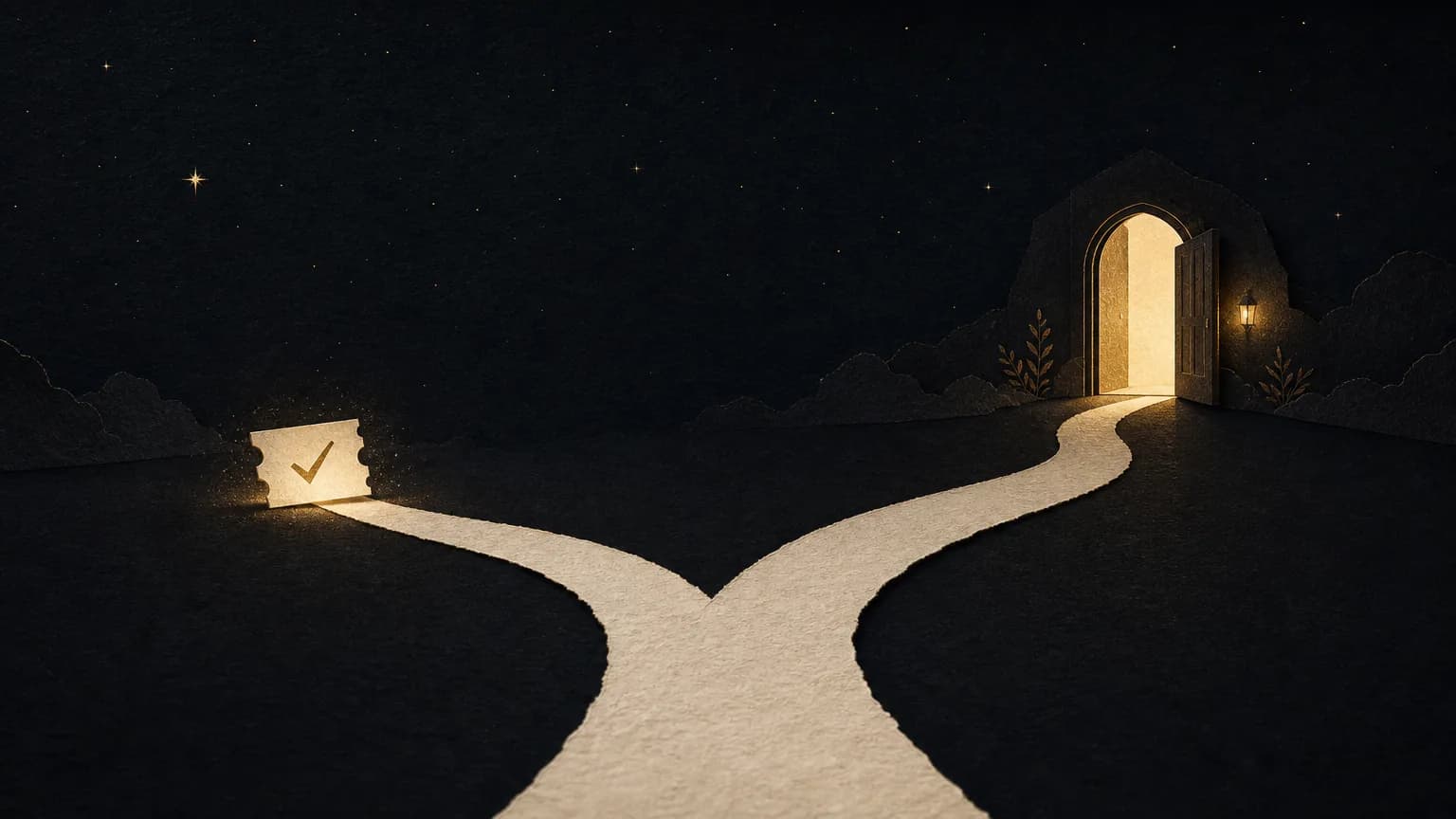 A warm editorial illustration of a single path splitting into two at night, one leading toward an automated booking confirmation and the other toward a lit doorway representing a person being reached directly, symbolising routine enquiries being handled automatically while urgent ones reach a human.