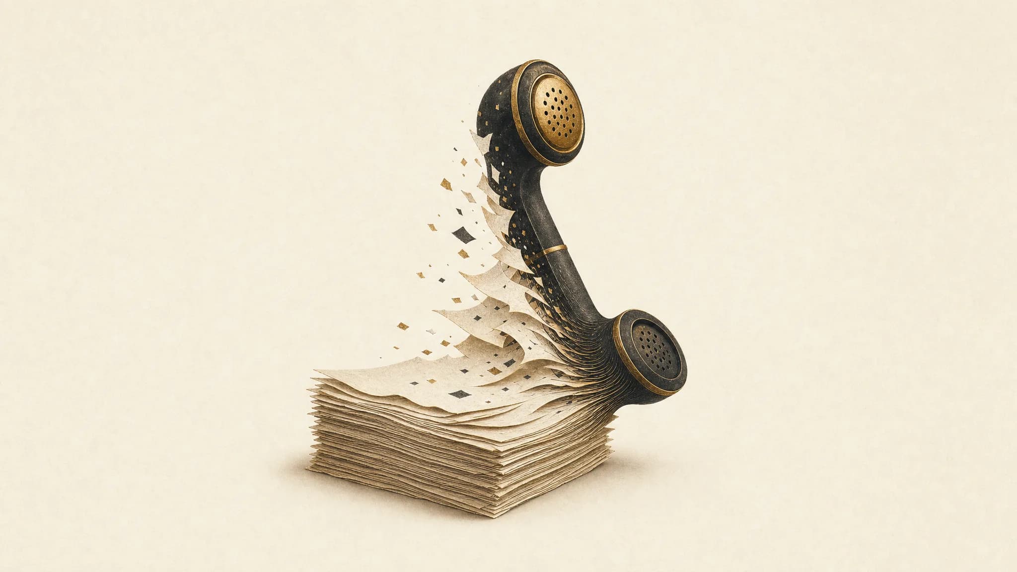 A stack of invoices folding into an open telephone handset on a warm cream and gold editorial background, representing the true cost of a call answering service.