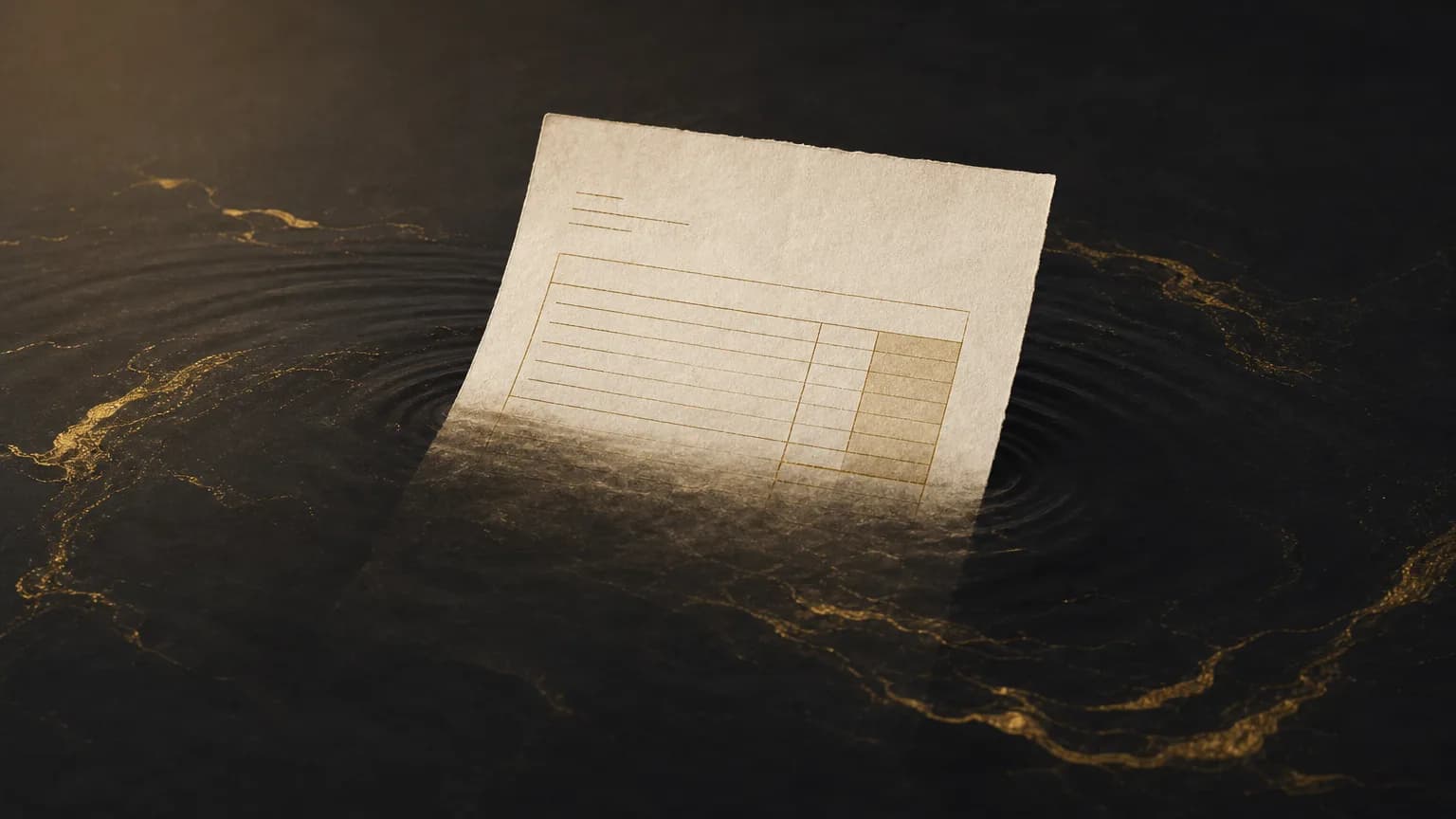 A conceptual editorial illustration of a paper invoice with most of its lower half submerged beneath a dark ink-toned surface, representing the hidden costs beneath a call answering service's headline price.
