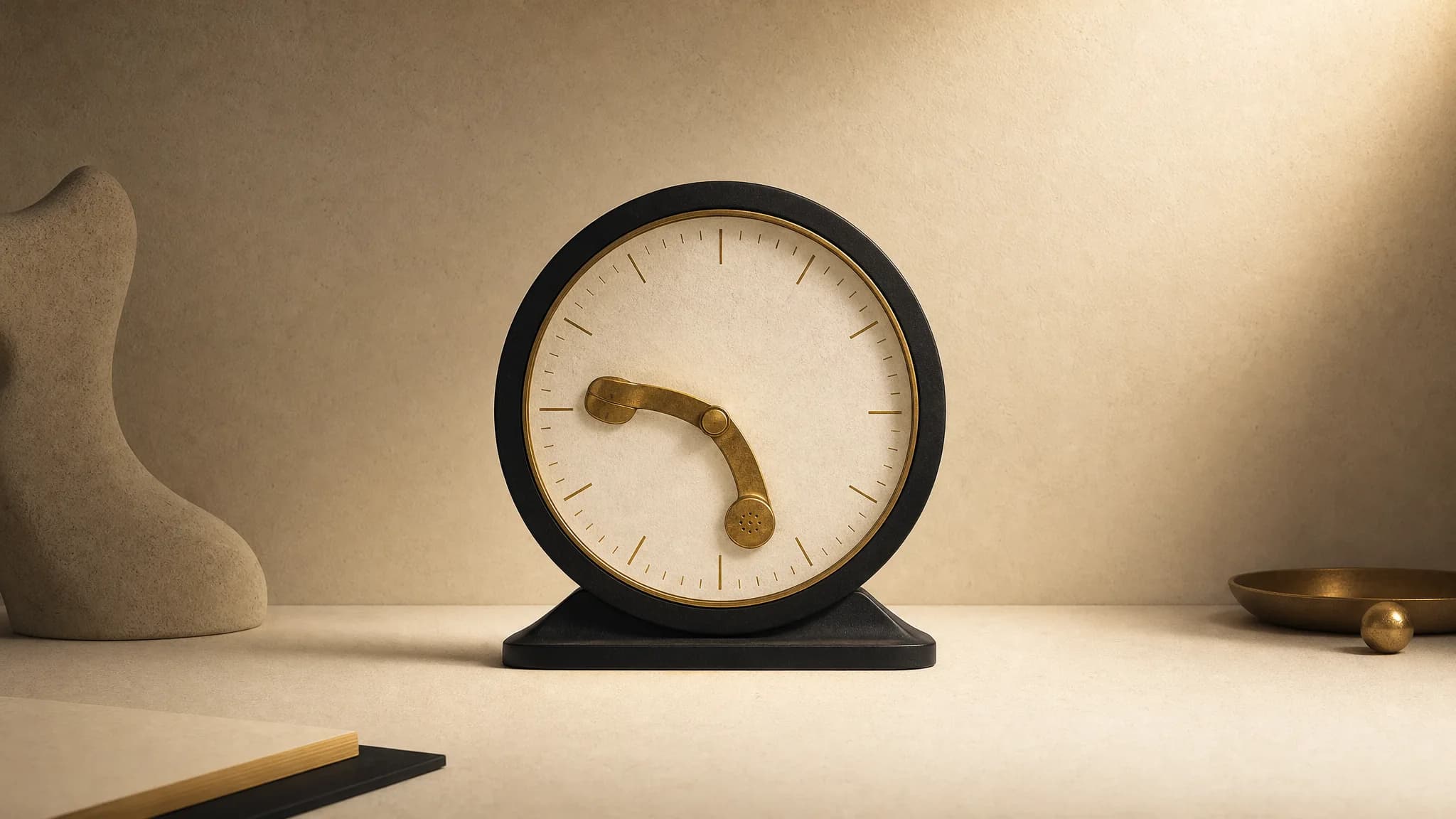 A softly lit desk clock at 9pm with its hands forming an open telephone handset, set against a warm cream and gold editorial background — a metaphor for calls arriving after the working day ends.