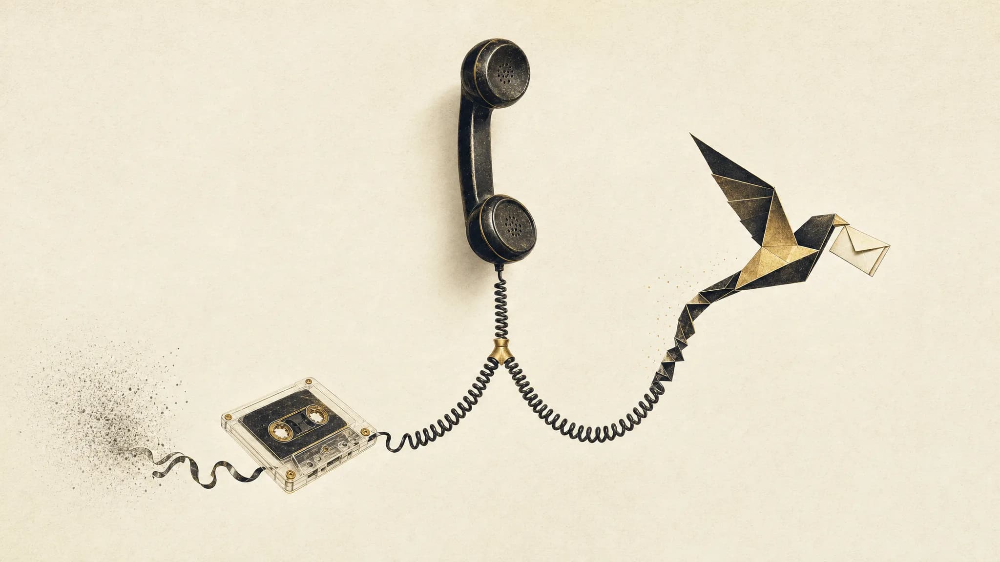 A vintage telephone cord forking into two paths on cream paper — one end unspooling into a blank cassette tape, the other transforming into a paper bird carrying a note, symbolising the choice between voicemail and an answering service.