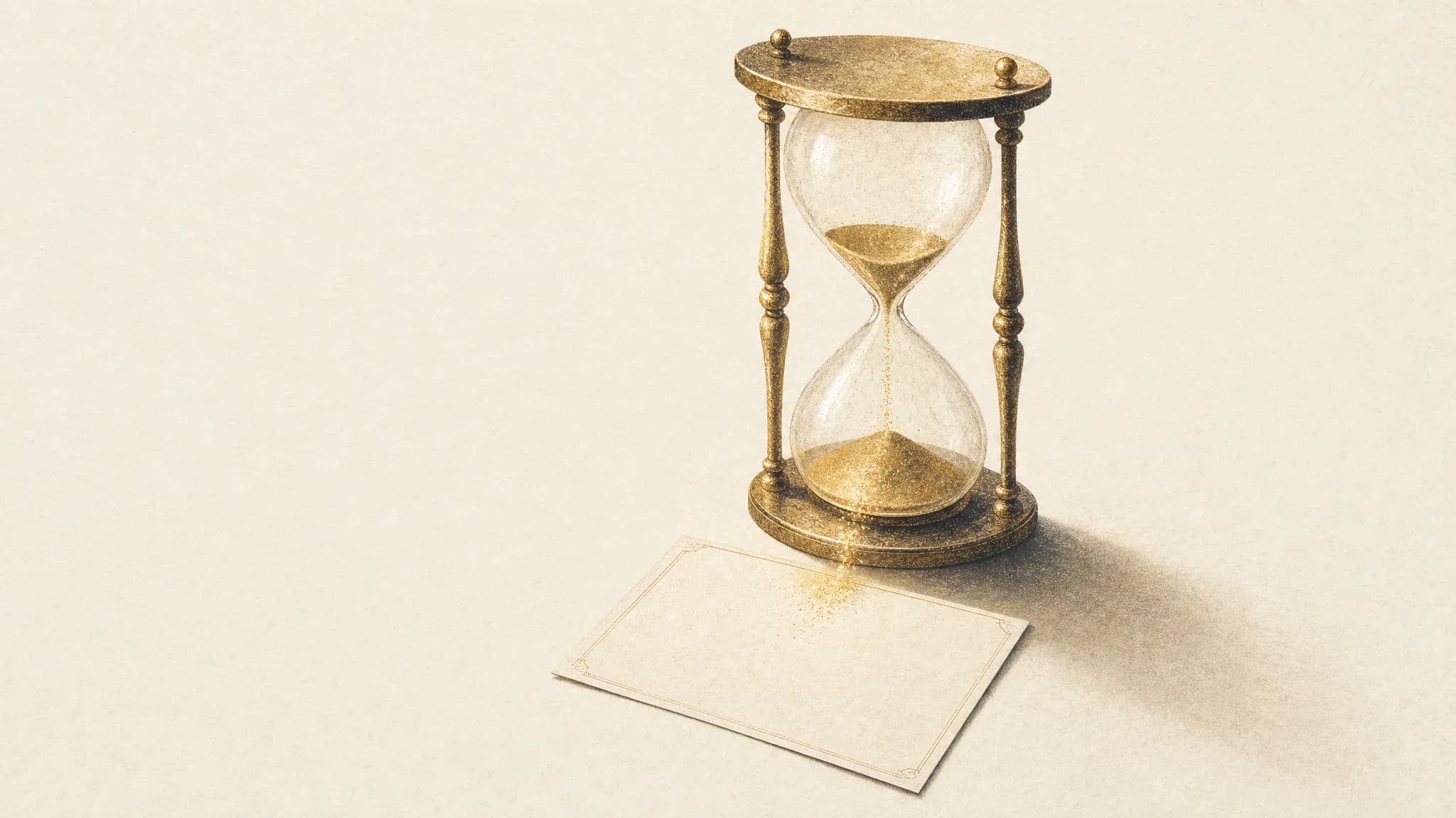 An hourglass rendered in warm sand on cream paper, its last grains falling as gold light onto a single paper enquiry slip beneath it — a metaphor for how little time you actually have to respond to a new lead.