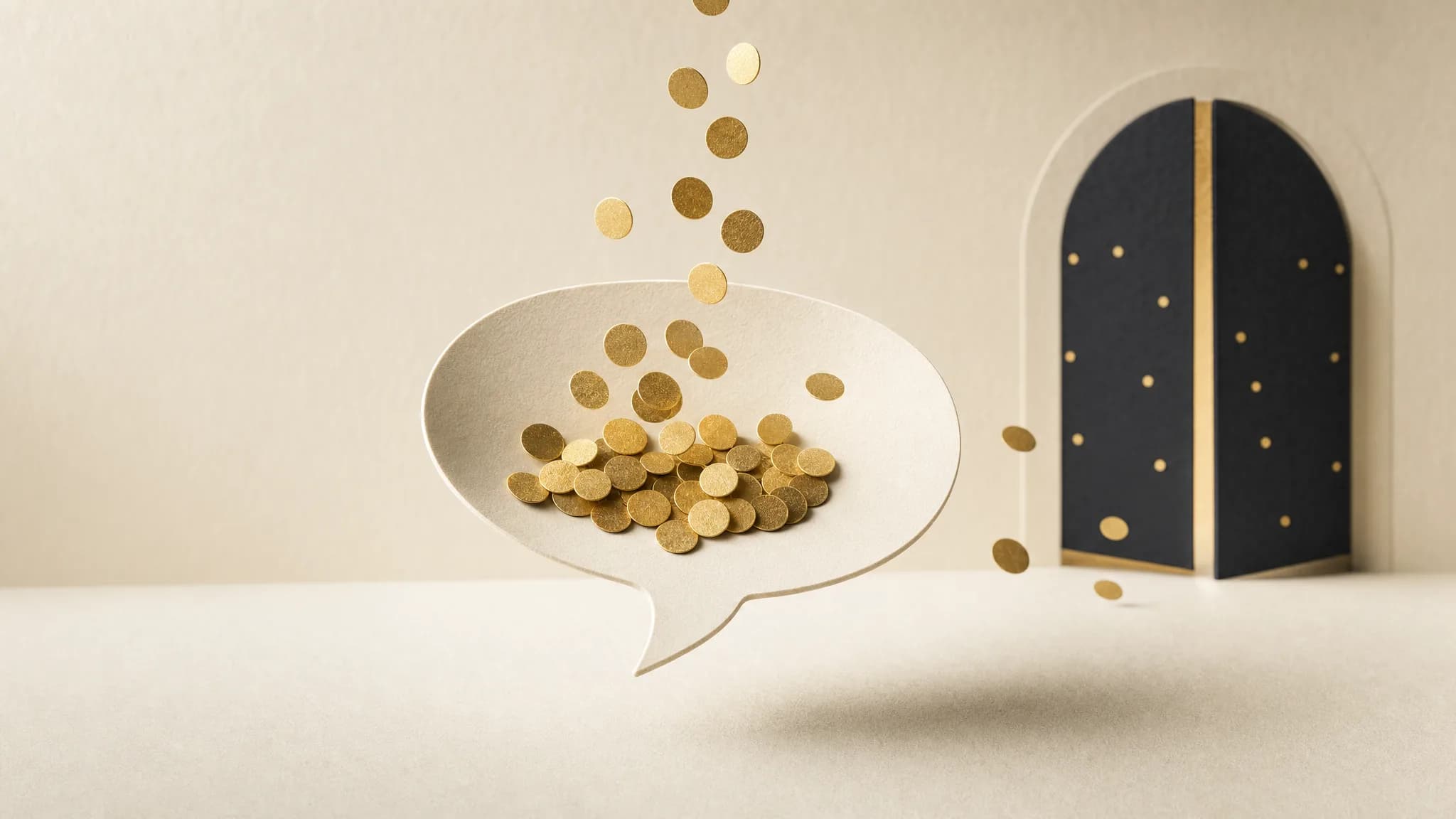 A cream paper speech bubble catching a stream of small gold discs mid-air, symbolising leads being captured, while a few discs drift past a closing paper gate in the background, unable to get through.
