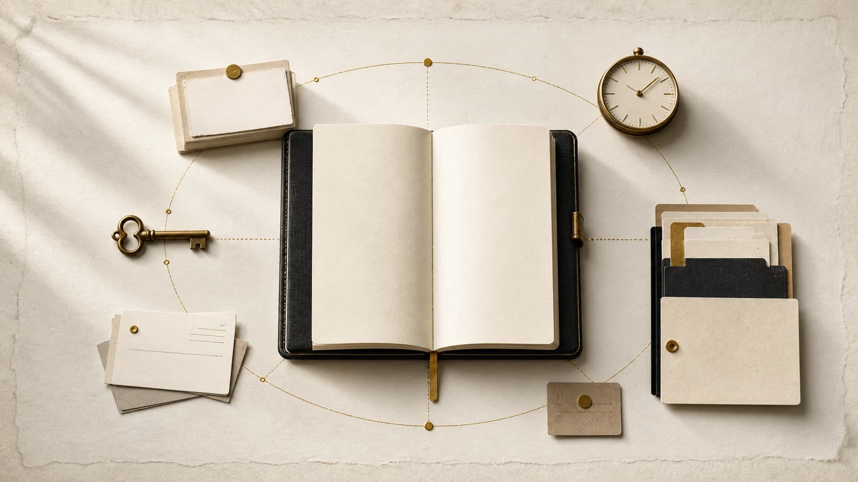 An open notebook connected by gold paths to index cards, a key, a clock and document tabs
